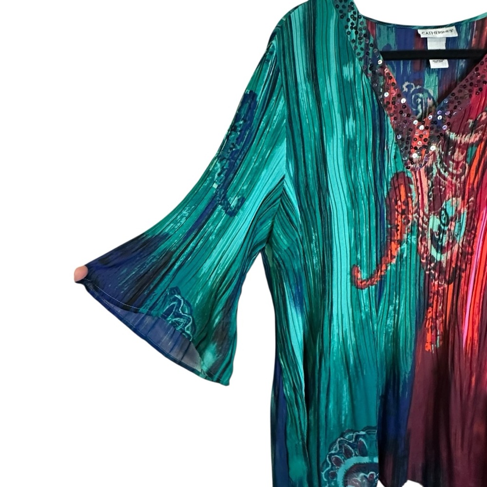 Catherines Graphic Tunic in Green and Red with Funky Retro‎ Hippie Sequins 1XP - Picture 4 of 10